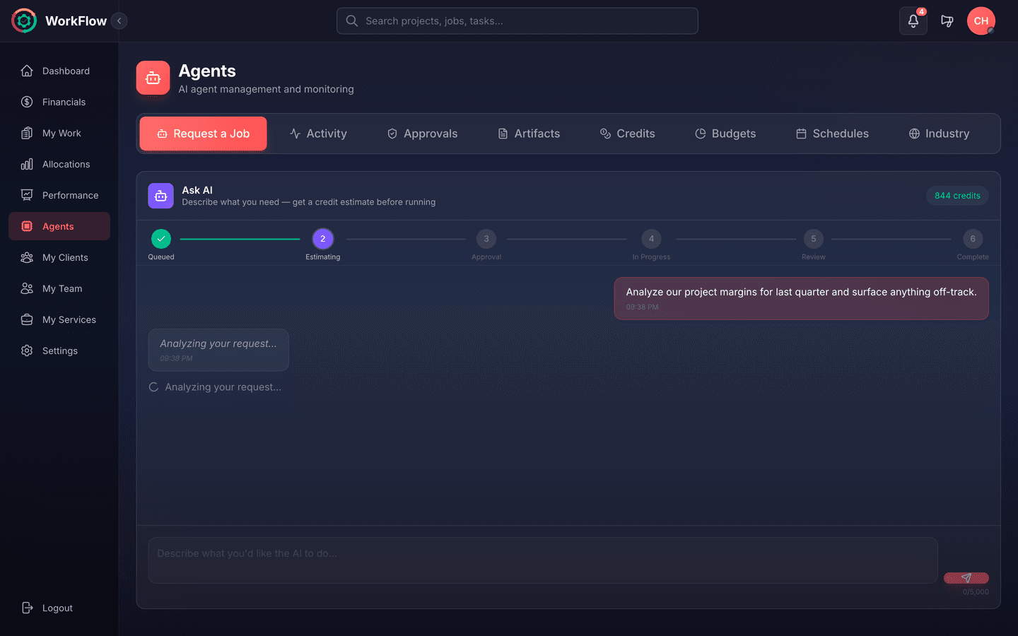 Mi👻i chat interface mid-conversation with an analyst agent, showing the multi-step Queued → Estimating → Approval → In Progress → Review → Complete progress bar