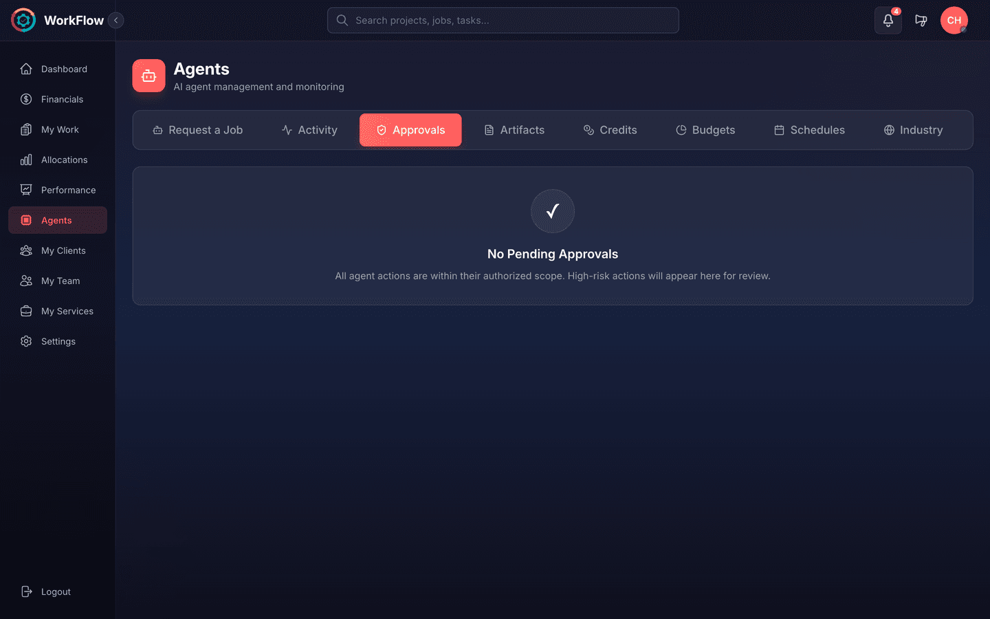 Approvals tab — the human-in-the-loop queue where agent actions wait for sign-off