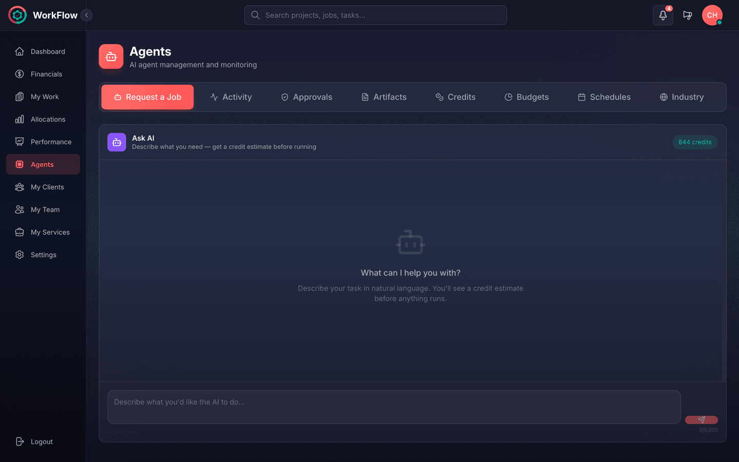 Invoke tab of the Mi👻i Command Center showing the agent chat launcher with available credits