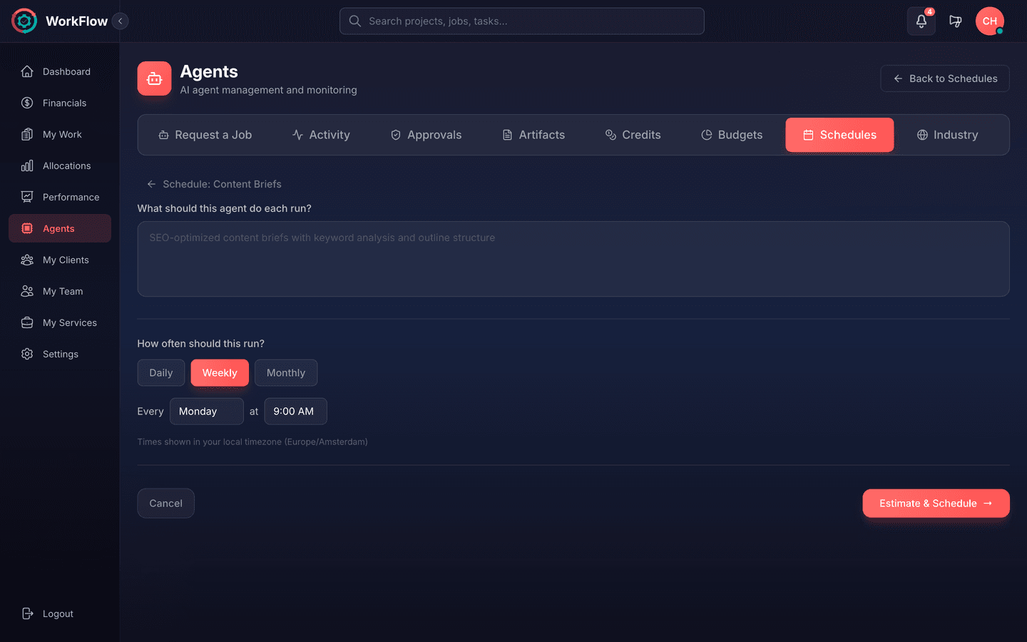 Schedule configuration — daily, weekly, or monthly cadence with credit estimate