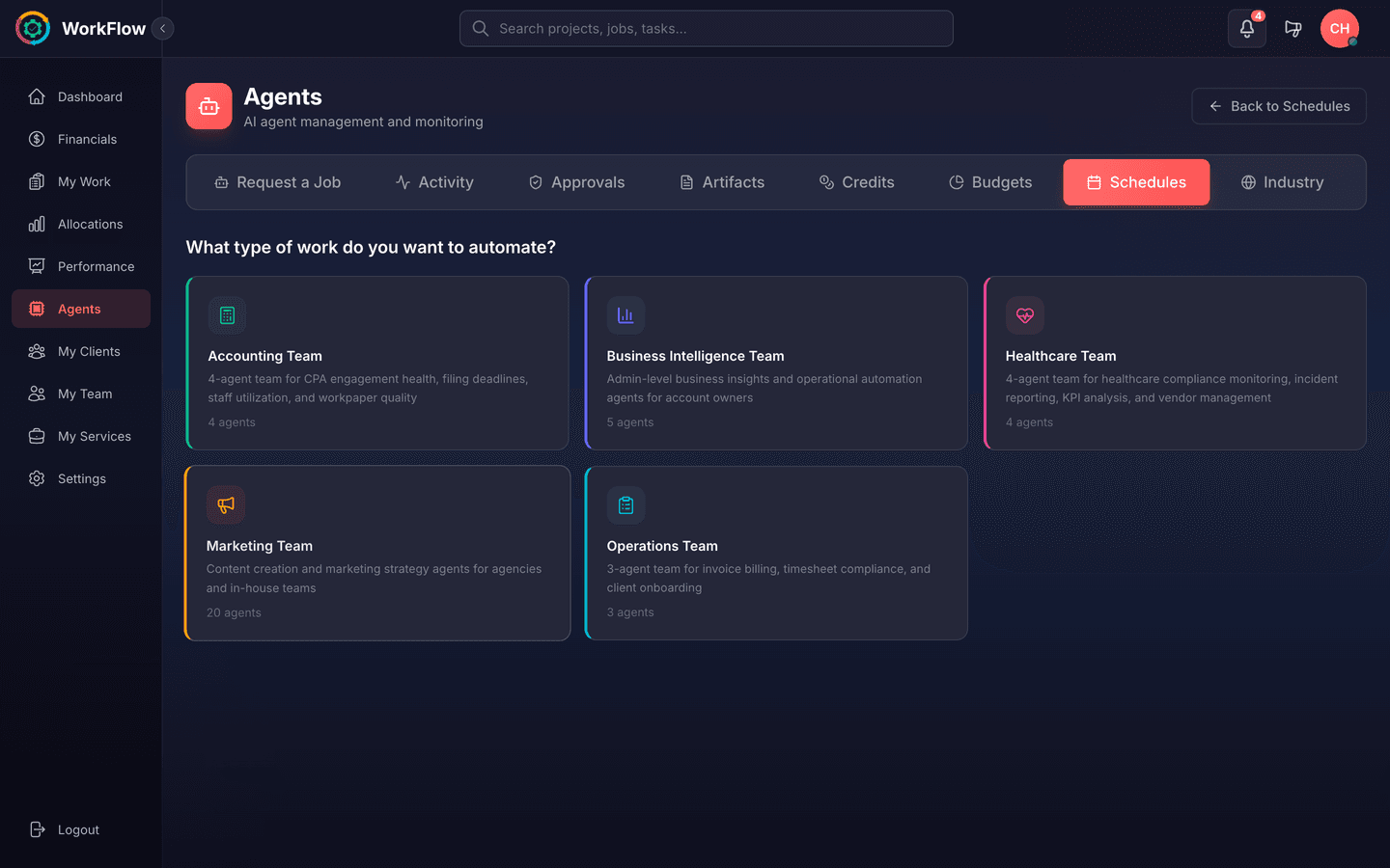 Schedule creation — choose what type of work to automate from five industry teams