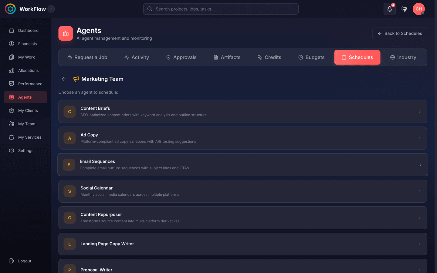 Marketing team agent picker for scheduling — 20 agents to choose from
