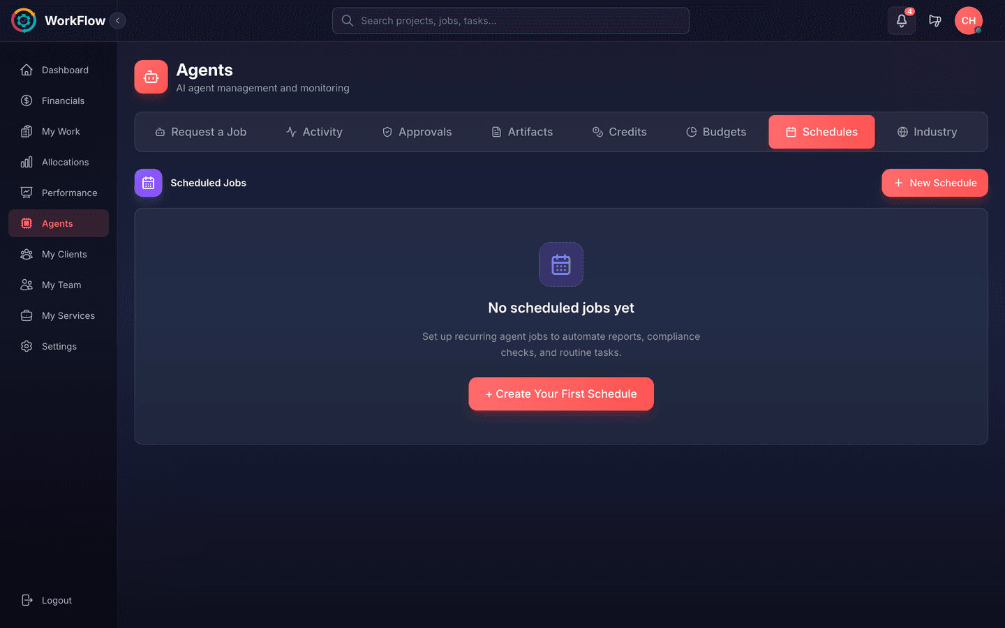 Schedules tab listing recurring agent runs