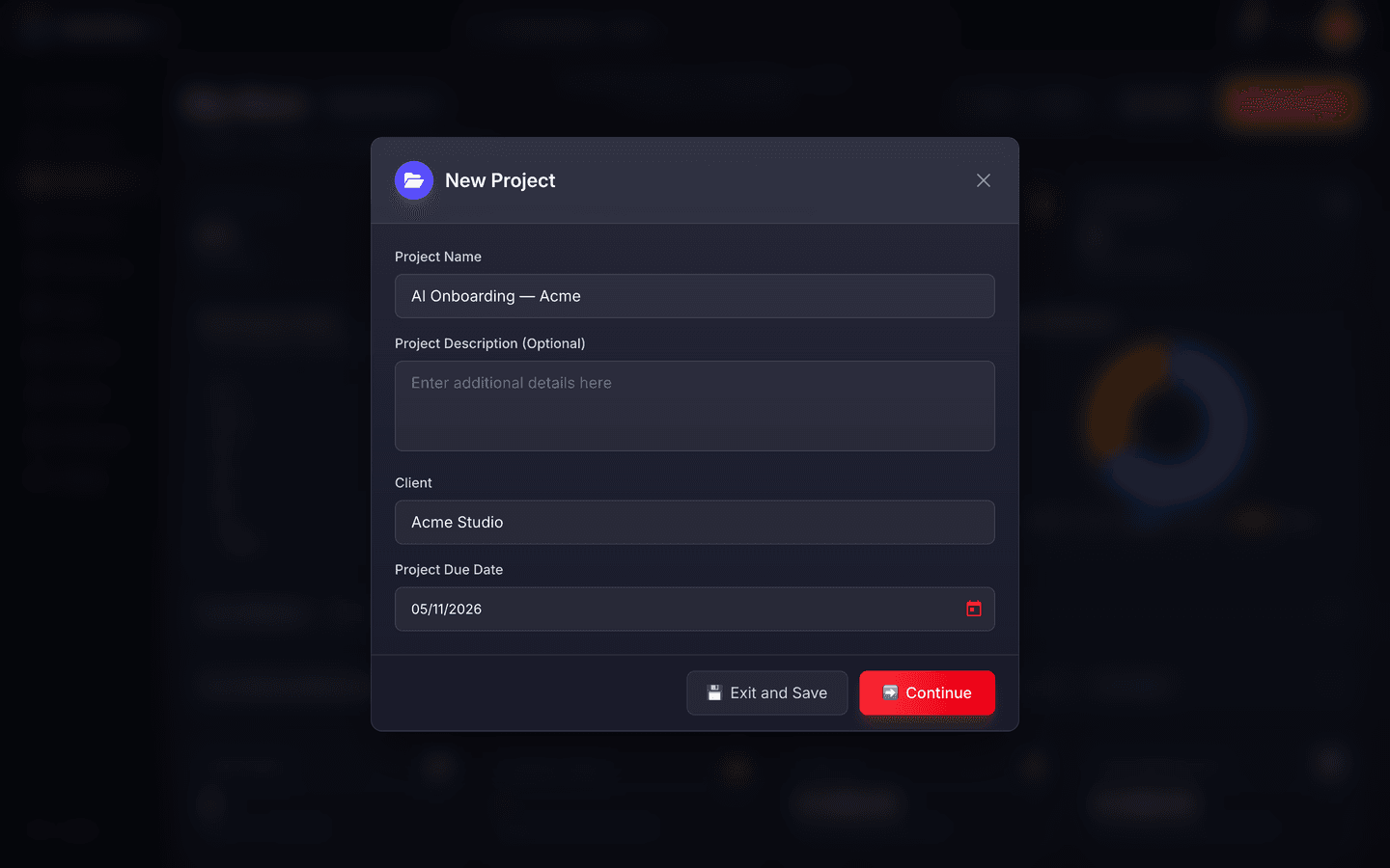 Work assignment step 1 — create a new project with name, client, and due date