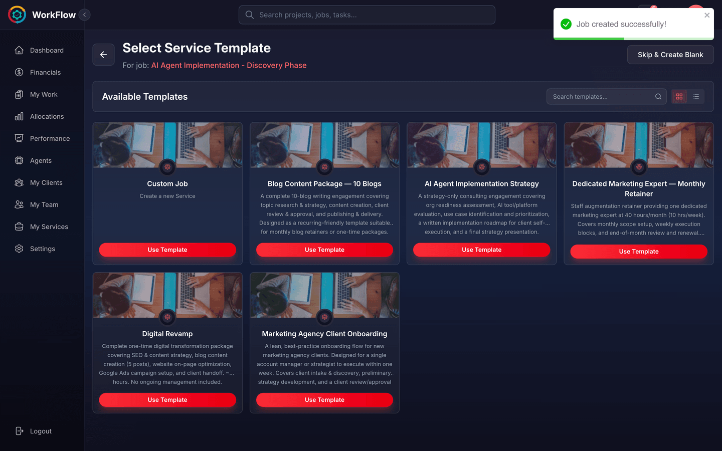 Work assignment step 3 — pick a service template from the library or build a blank service