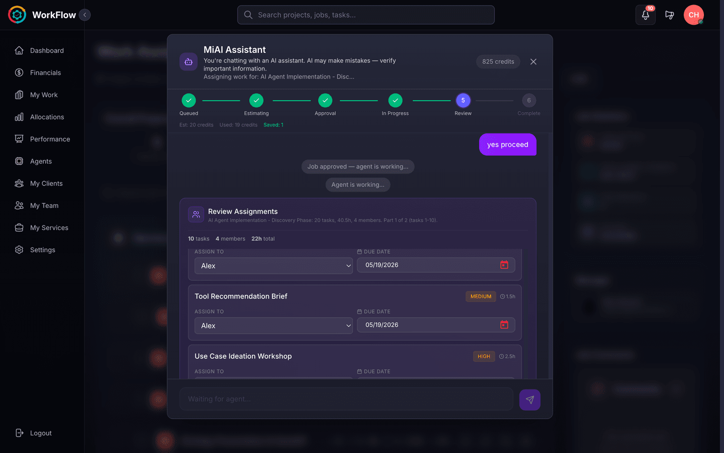 Work assignment step 4 — Mi👻i's review panel showing 20 proposed task assignments across 4 team members, with editable assignees and due dates before commit