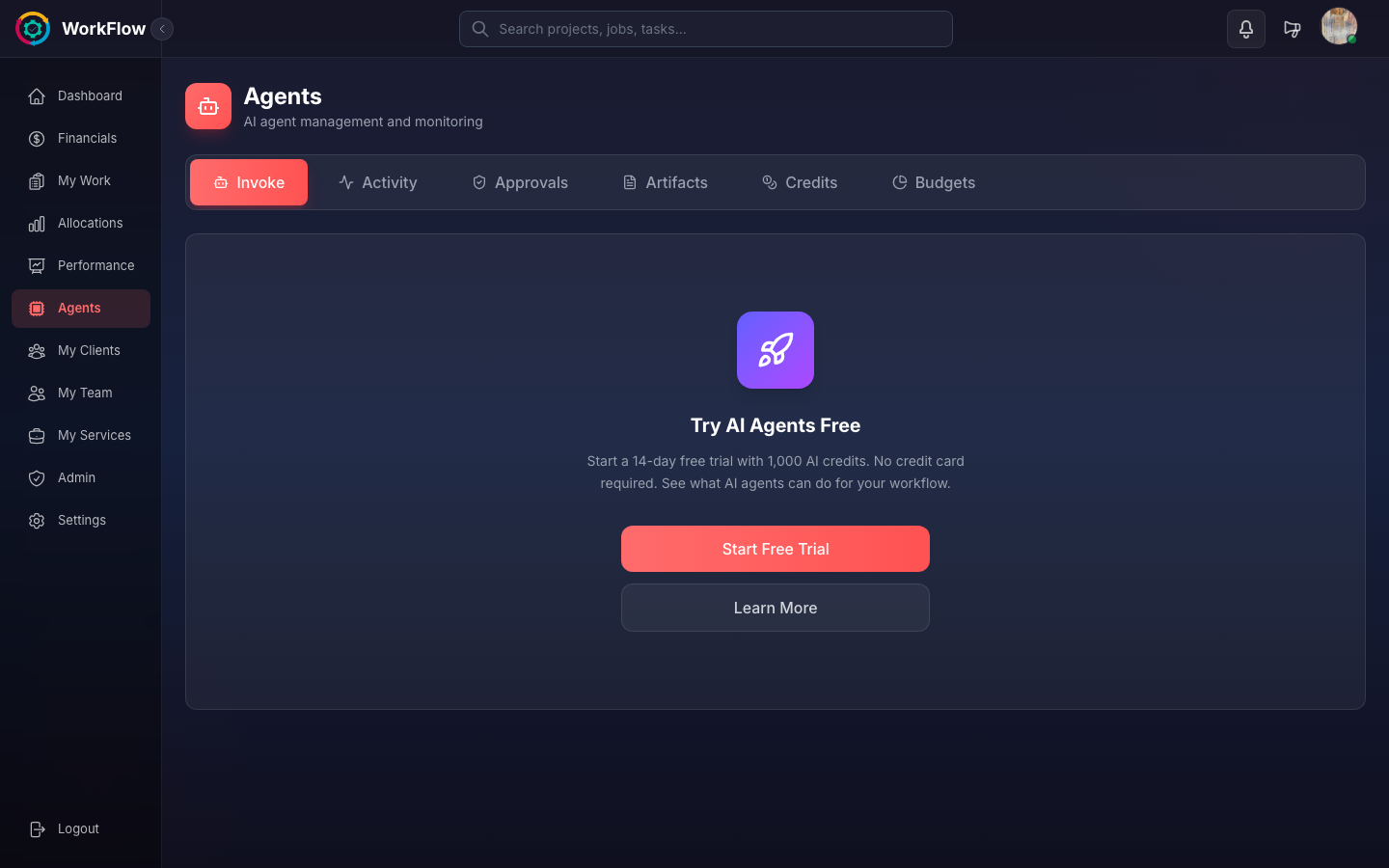 Mi👻i credit system showing credit costs per agent action