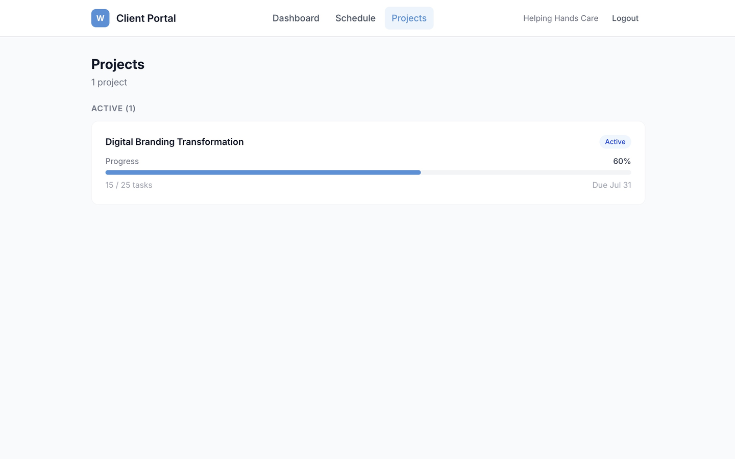Client portal projects view with status and progress