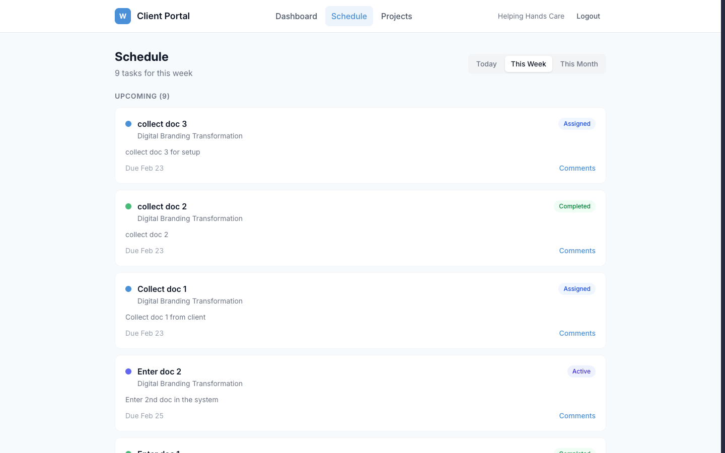 Client portal schedule showing timelines and deliverables