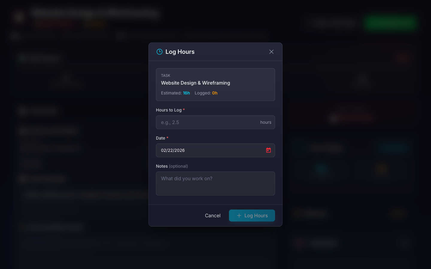 Time logging modal with notes and history