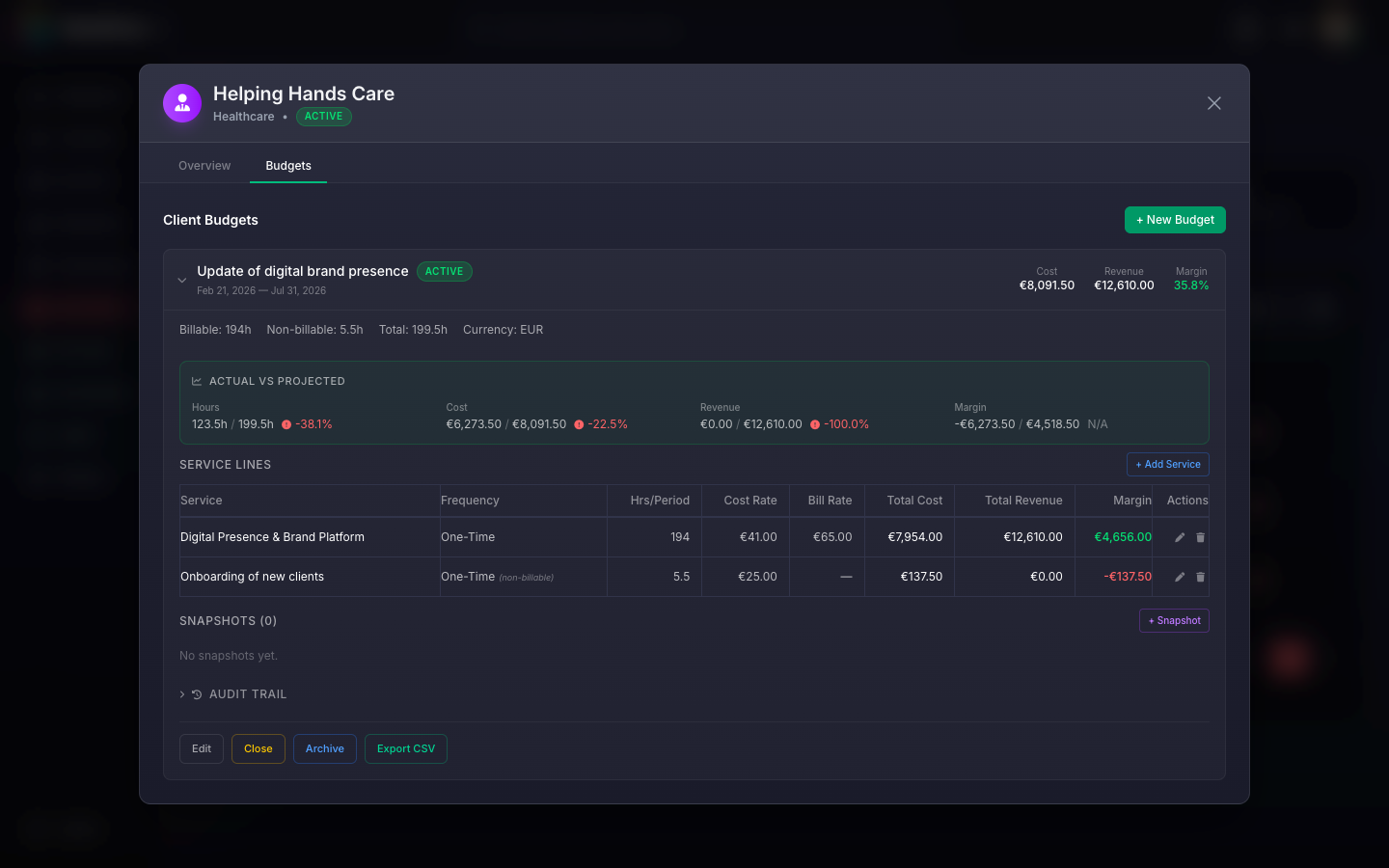 Client budgets tab showing service lines and variance alerts