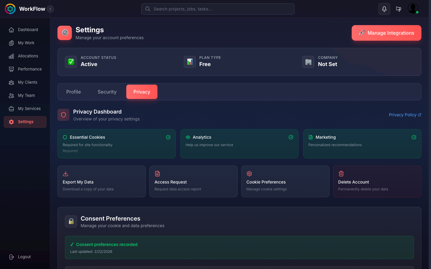 Privacy dashboard with GDPR controls