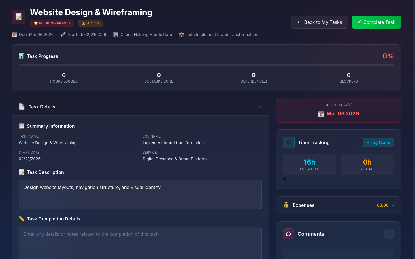 Task Command Center showing full task detail with hours, expenses, and comments