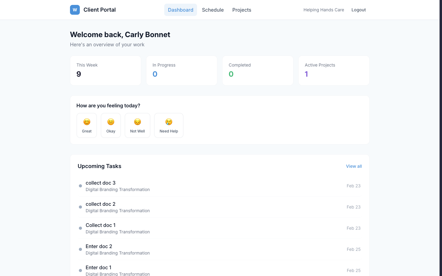 Client portal dashboard with project overview and check-ins