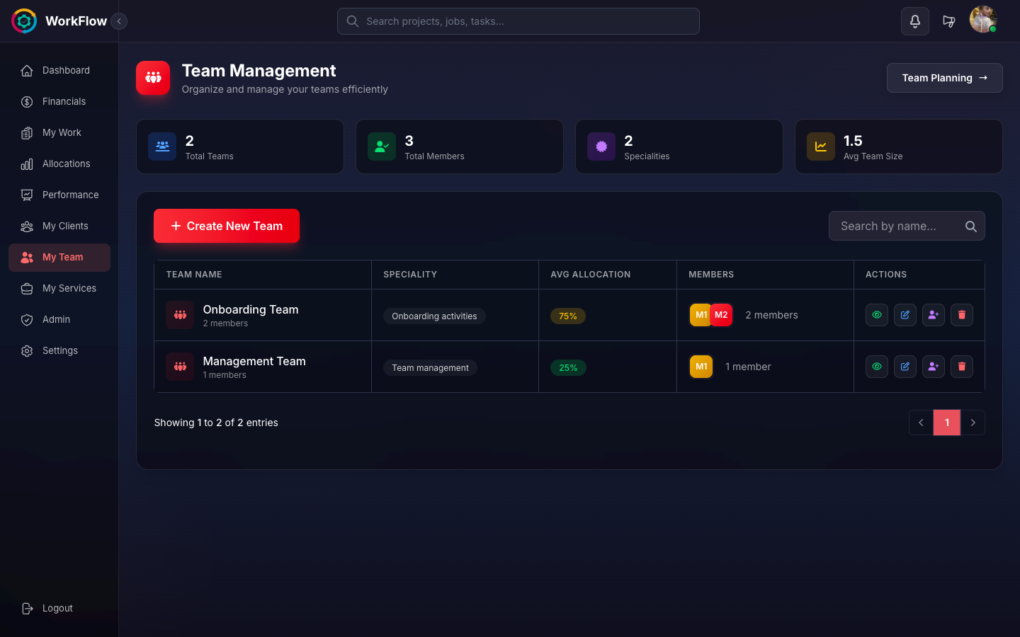 Manager sidebar view with full navigation