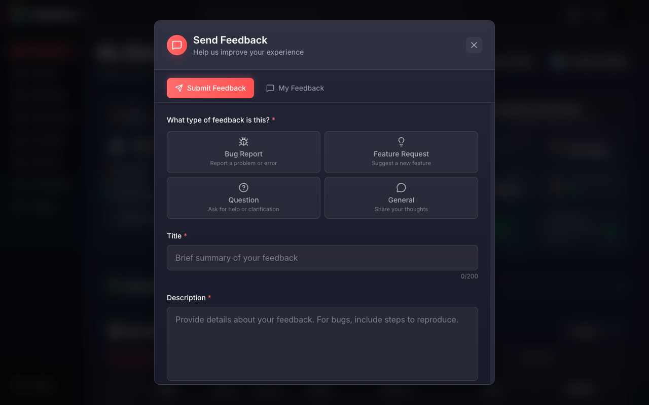 Feedback modal with categories for bug reports, feature requests, questions, and general feedback
